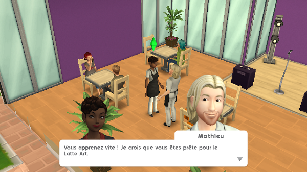 Votre Sims travaille comme barista et prend rapidement du galon.